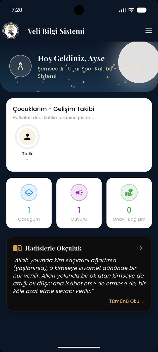 Veli ana sayfası: çocukların gelişim takibi, duyurular ve Hadislerle Okçuluk